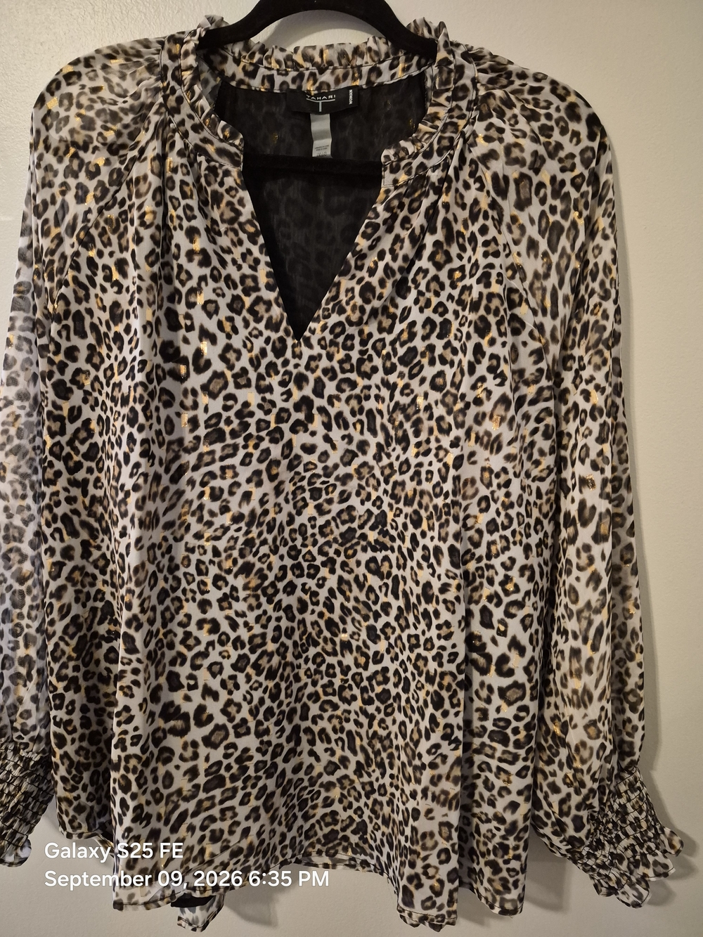 Tahari Leopard Print V-Neck Blouse - Beige, Black, Brown